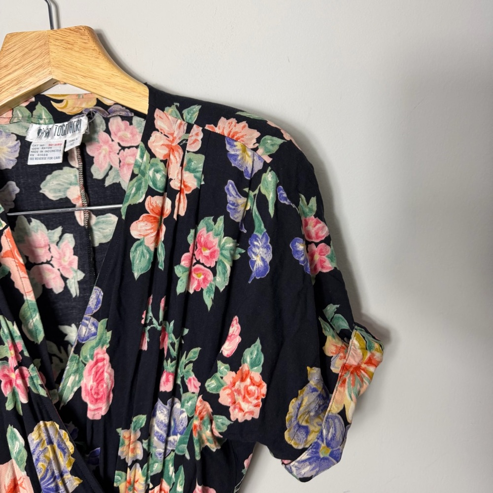 Vintage Floral Black Short Sleeve Wrap Dress Size 12 Tall - Picture 3 of 9